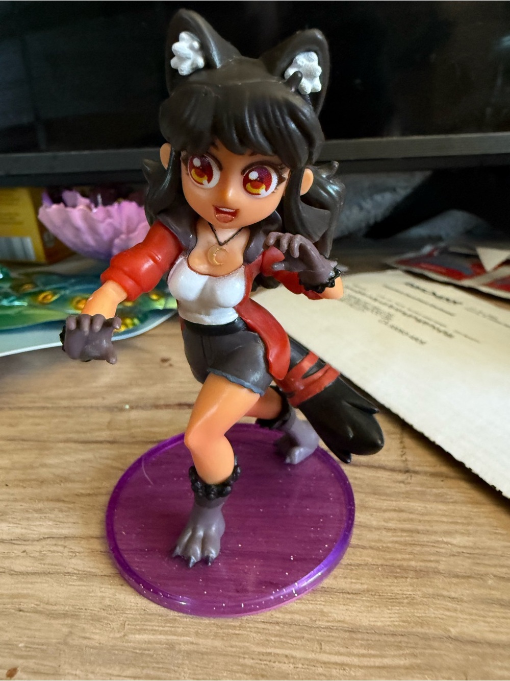 Anime Fox Girl Figurine - Brown Hair, Red Jacket, White Top